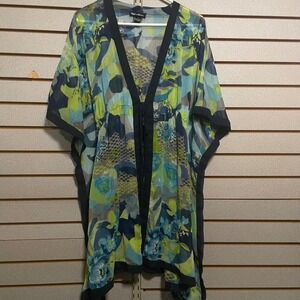 Clubz Collection Womens Blue Green Floral Print Kimono Kaftan Top Size L